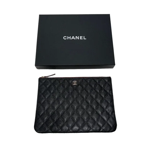 Chanel REV Black Caviar Gold Classic Quilted CC Zipper Pouch O Case Medium Bag - Picture 4 of 12